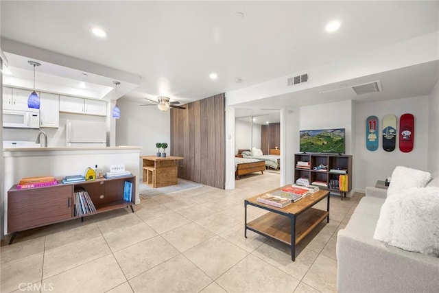1068 Calle Del Cerro Unit 1521, San Clemente, CA 92672 - living room featuring ceiling fan, light tile patterned flooring, and recessed lighting