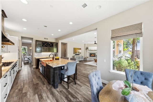 982 Camino Del Arroyo Dr Unit 49, San Marcos, CA 92078 - kitchen featuring dark wood finished floors, recessed lighting, healthy amount of natural light, glass insert cabinets, and an island with sink