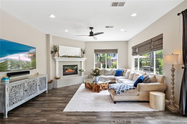 982 Camino Del Arroyo Dr Unit 49, San Marcos, CA 92078 - living area featuring recessed lighting, wood finished floors, a tiled fireplace, and ceiling fan