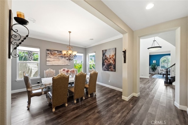 982 Camino Del Arroyo Dr Unit 49, San Marcos, CA 92078 - dining space featuring a chandelier, dark wood-style floors, ornamental molding, stairway, and recessed lighting