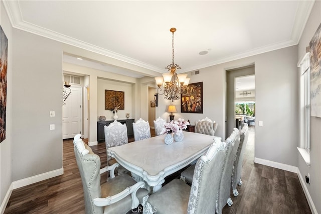 982 Camino Del Arroyo Dr Unit 49, San Marcos, CA 92078 - dining area with a chandelier, dark wood-style floors, and crown molding