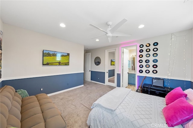 982 Camino Del Arroyo Dr Unit 49, San Marcos, CA 92078 - carpeted bedroom with recessed lighting, a ceiling fan, and ensuite bathroom