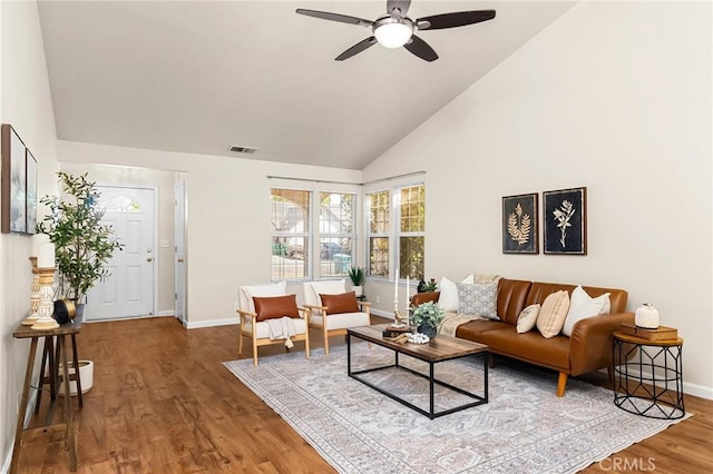 1057 Windsor Way, Chico, CA 95926 - living area featuring high vaulted ceiling, wood finished floors, and ceiling fan