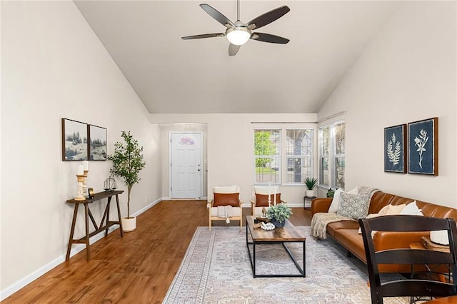 1057 Windsor Way, Chico, CA 95926 - living room featuring wood finished floors, a ceiling fan, and high vaulted ceiling