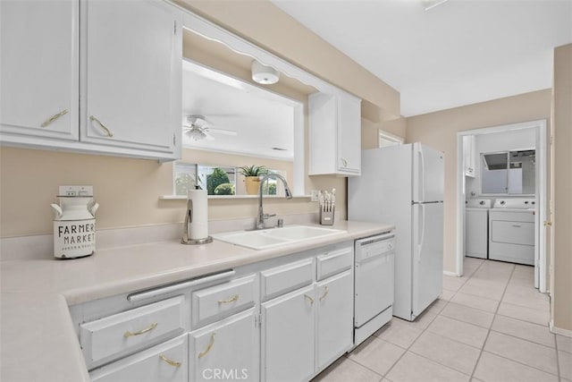 28980 Del Monte Dr, Menifee, CA 92586 - kitchen featuring white appliances, ceiling fan, light tile patterned flooring, and light countertops