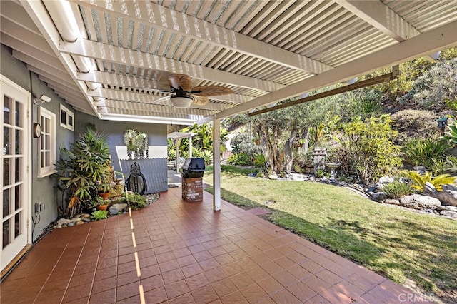 24802 La Plata Dr, Laguna Niguel, CA 92677 - view of patio / terrace with ceiling fan, a pergola, and area for grilling
