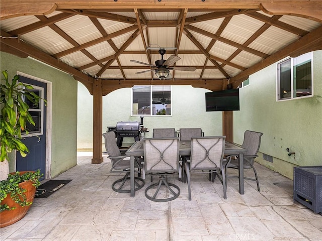 5243 E Monlaco Rd, Long Beach, CA 90808 - view of patio / terrace with a gazebo, a ceiling fan, grilling area, and outdoor dining space