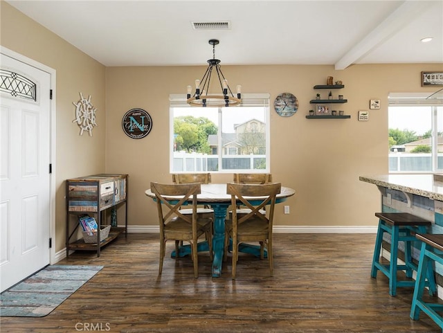 5243 E Monlaco Rd, Long Beach, CA 90808 - dining room with dark wood-type flooring, a chandelier, and beam ceiling