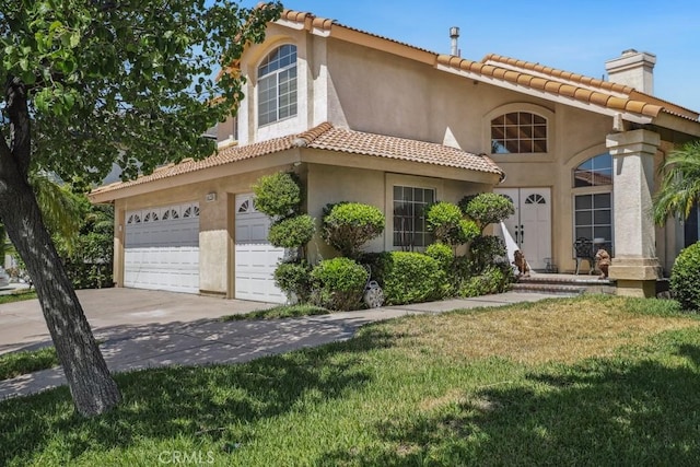 14226 Remington Ct, Fontana, CA 92336 - mediterranean / spanish house with concrete driveway, stucco siding, a chimney, and a tile roof