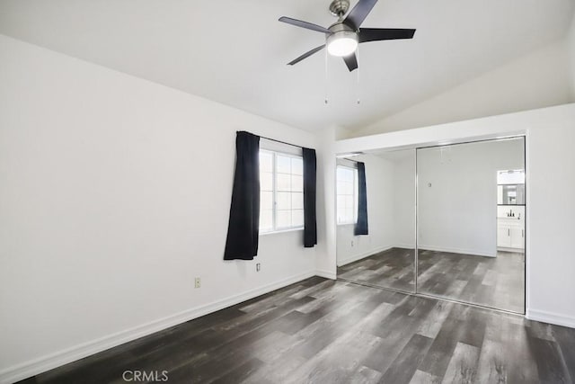 14226 Remington Ct, Fontana, CA 92336 - unfurnished bedroom featuring wood finished floors, vaulted ceiling, a closet, and a ceiling fan