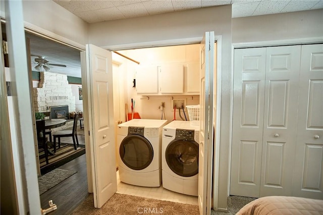 41394 Valley Of The Falls Dr, Forest Falls, CA 92339 - laundry area with washer and dryer, cabinet space, and ceiling fan