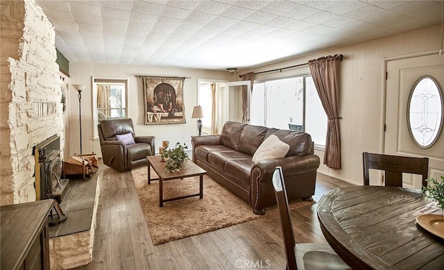 41394 Valley Of The Falls Dr, Forest Falls, CA 92339 - living room with hardwood / wood-style flooring and a stone fireplace