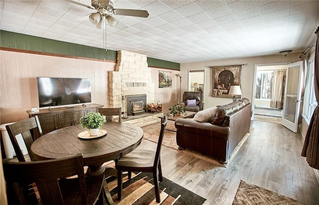 41394 Valley Of The Falls Dr, Forest Falls, CA 92339 - living room with a ceiling fan, wood finished floors, and wooden walls