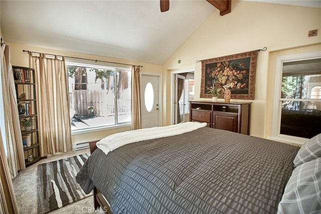 41394 Valley Of The Falls Dr, Forest Falls, CA 92339 - bedroom with beamed ceiling, a ceiling fan, high vaulted ceiling, and carpet