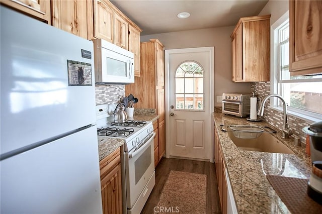 41394 Valley Of The Falls Dr, Forest Falls, CA 92339 - kitchen featuring white appliances, tasteful backsplash, dark wood finished floors, light stone countertops, and light brown cabinets