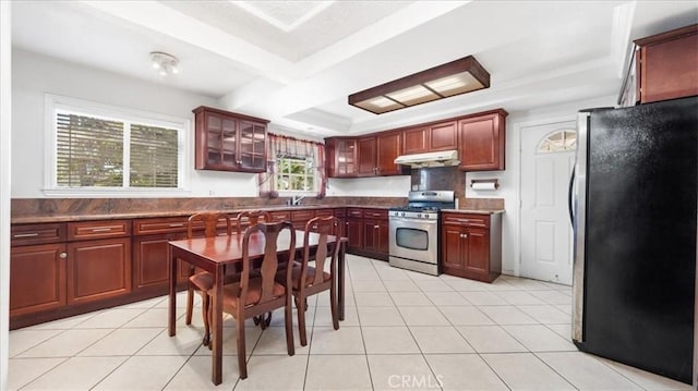 3139 W 152nd Pl, Gardena, CA 90249 - kitchen with appliances with stainless steel finishes, under cabinet range hood, a raised ceiling, dark brown cabinets, and glass insert cabinets