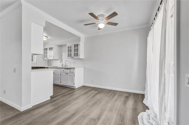 250 W Spazier Ave Unit 209, Burbank, CA 91502 - kitchen with a ceiling fan, wood finished floors, white cabinetry, tasteful backsplash, and crown molding