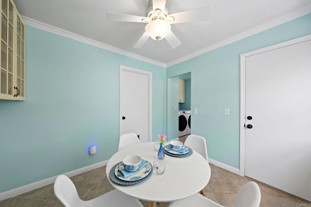 4562 Golden Ridge Dr, Oceanside, CA 92056 - dining space with washer and clothes dryer, ornamental molding, ceiling fan, and tile patterned floors