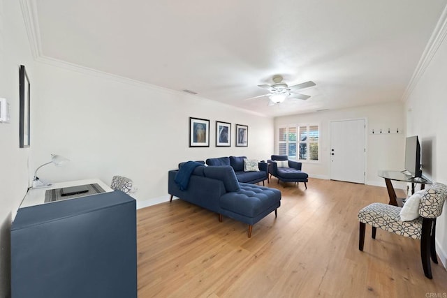 4562 Golden Ridge Dr, Oceanside, CA 92056 - living room featuring light wood-style floors, ceiling fan, and ornamental molding