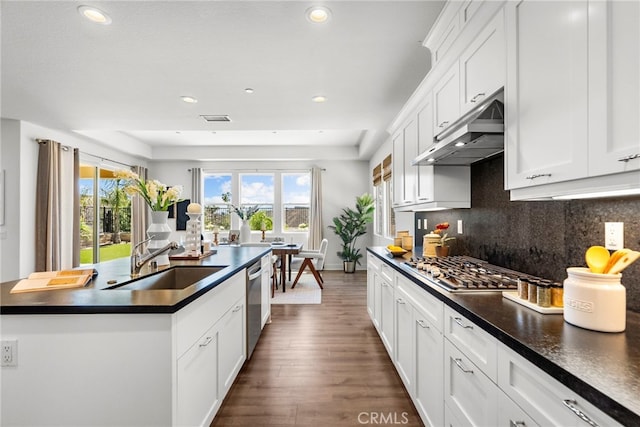 19162 Lauren Ln, Saugus, CA 91350 - kitchen featuring under cabinet range hood, dark countertops, recessed lighting, a center island with sink, and dark wood-style floors