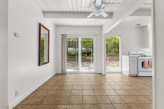 2516 Greta Pl, San Luis Obispo, CA 93401 - doorway featuring light tile patterned floors, ceiling fan, and a wood ceiling with exposed beams