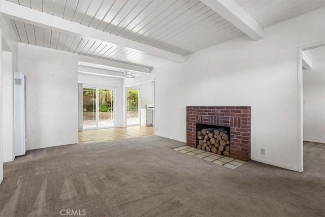 2516 Greta Pl, San Luis Obispo, CA 93401 - unfurnished living room with carpet flooring, beamed ceiling, a fireplace, and ceiling fan