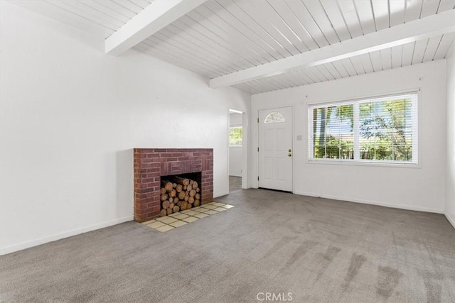 2516 Greta Pl, San Luis Obispo, CA 93401 - unfurnished living room featuring beamed ceiling, carpet, and a fireplace