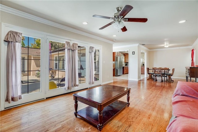 8084 Magnolia Ave, Riverside, CA 92504 - living area featuring ornamental molding, a ceiling fan, recessed lighting, and light wood-style flooring