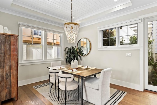 716 Elvira Ave Unit A, Redondo Beach, CA 90277 - dining area featuring a raised ceiling, ornamental molding, a chandelier, and hardwood / wood-style flooring