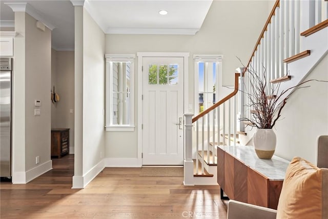 716 Elvira Ave Unit A, Redondo Beach, CA 90277 - entryway with crown molding, wood finished floors, stairs, and recessed lighting