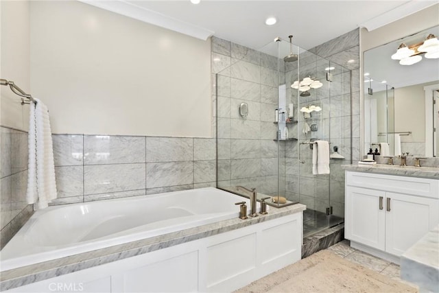 716 Elvira Ave Unit A, Redondo Beach, CA 90277 - bathroom featuring a shower stall, vanity, a garden tub, recessed lighting, and tile patterned floors