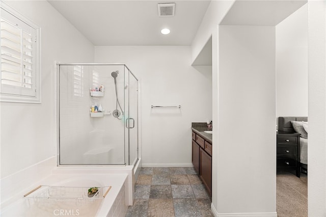8495 E Preserve Loop, Chino, CA 91708 - full bath featuring vanity, a stall shower, stone finish flooring, and a bath