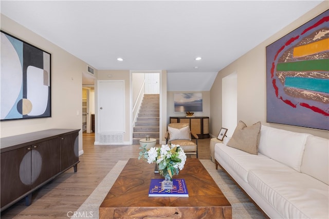 15 Valley Vw, Irvine, CA 92612 - living room featuring wood finished floors, stairway, and recessed lighting
