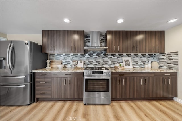15 Valley Vw, Irvine, CA 92612 - kitchen featuring appliances with stainless steel finishes, wall chimney range hood, light wood-style flooring, tasteful backsplash, and dark brown cabinets