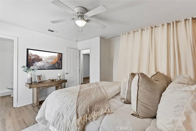 4268 Baggett Dr, Riverside, CA 92505 - bedroom featuring light wood finished floors, ceiling fan, and connected bathroom
