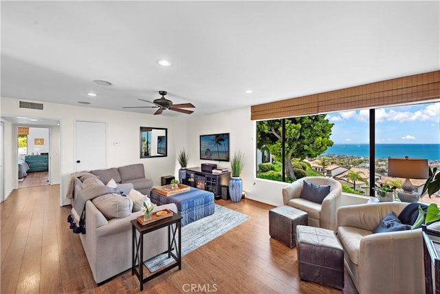 100 Calle Patricia Unit 1A, San Clemente, CA 92672 - living room featuring wood finished floors, recessed lighting, and ceiling fan