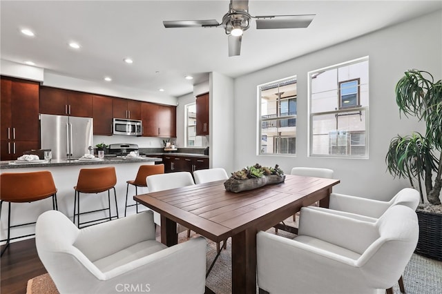 2950 19th St Unit 113, Signal Hill, CA 92707 - dining area with recessed lighting, dark wood-style flooring, and ceiling fan