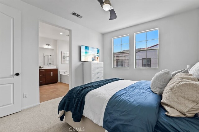 2950 19th St Unit 113, Signal Hill, CA 92707 - bedroom featuring light carpet, a ceiling fan, and ensuite bathroom