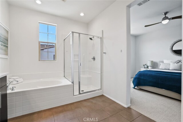 2950 19th St Unit 113, Signal Hill, CA 92707 - bathroom featuring connected bathroom, a garden tub, a shower stall, tile patterned floors, and recessed lighting