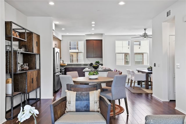 2950 19th St Unit 113, Signal Hill, CA 92707 - dining space featuring dark wood-type flooring, a ceiling fan, and recessed lighting