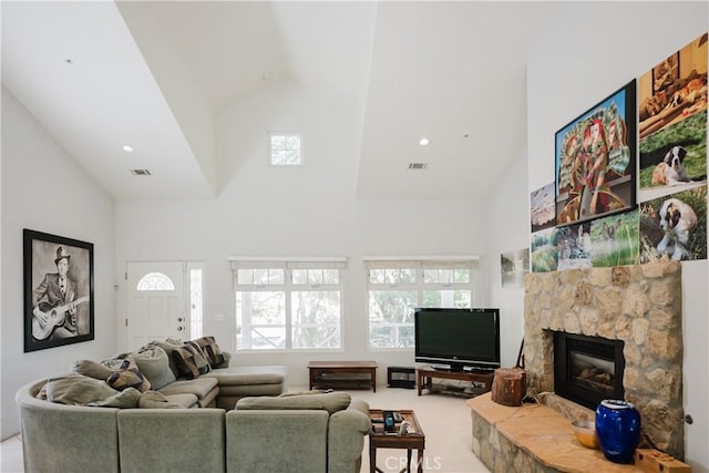 40 Bobcat Springs Rd, Buellton, CA 93427 - living area featuring high vaulted ceiling, a fireplace, plenty of natural light, and carpet flooring