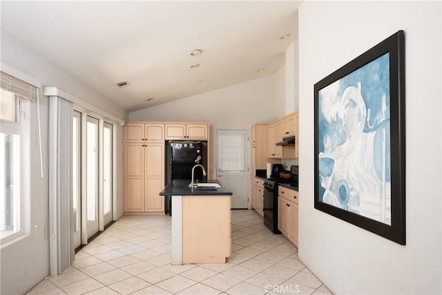 40 Bobcat Springs Rd, Buellton, CA 93427 - kitchen with light brown cabinetry, black appliances, dark countertops, lofted ceiling, and an island with sink