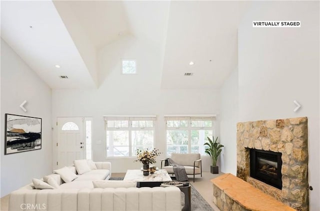 40 Bobcat Springs Rd, Buellton, CA 93427 - living room with high vaulted ceiling and a fireplace