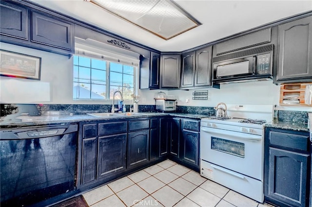 13018 Rosecrans Ave, Norwalk, CA 90650 - kitchen with black appliances, light tile patterned flooring, and dark stone counters