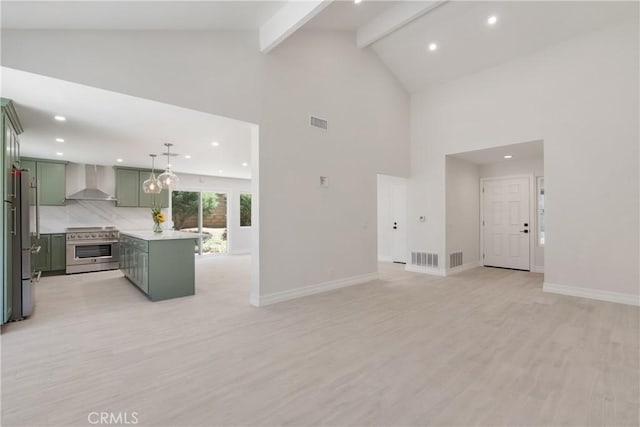 22 Sage Cyn, Pomona, CA 91766 - unfurnished living room featuring high vaulted ceiling, beam ceiling, light wood finished floors, and recessed lighting