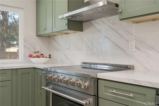 22 Sage Cyn, Pomona, CA 91766 - kitchen with green cabinets, high end stainless steel range oven, wall chimney range hood, and decorative backsplash