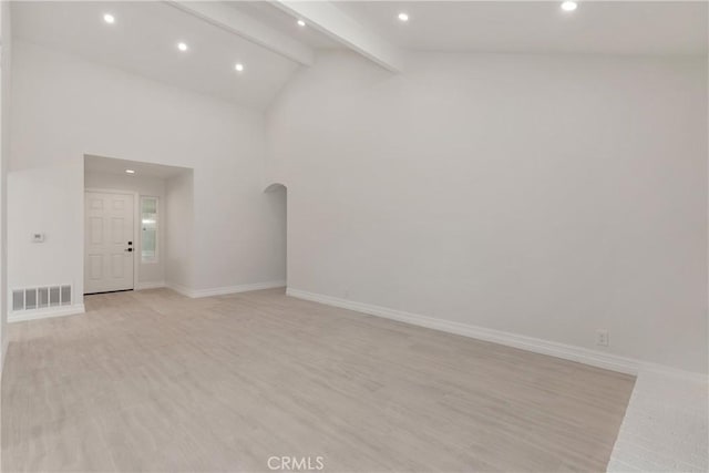 22 Sage Cyn, Pomona, CA 91766 - spare room with recessed lighting, beam ceiling, light wood-style floors, arched walkways, and high vaulted ceiling