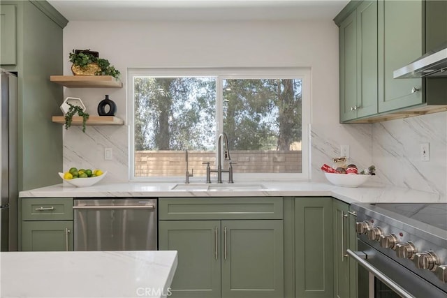 22 Sage Cyn, Pomona, CA 91766 - kitchen with green cabinets, high end appliances, wall chimney range hood, decorative backsplash, and light stone counters