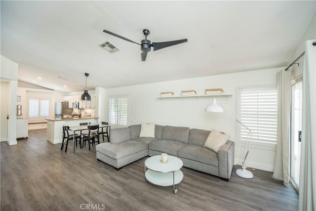 783 Pointe Vista Ln, Corona, CA 92881 - living room featuring ceiling fan, wood finished floors, lofted ceiling, and recessed lighting