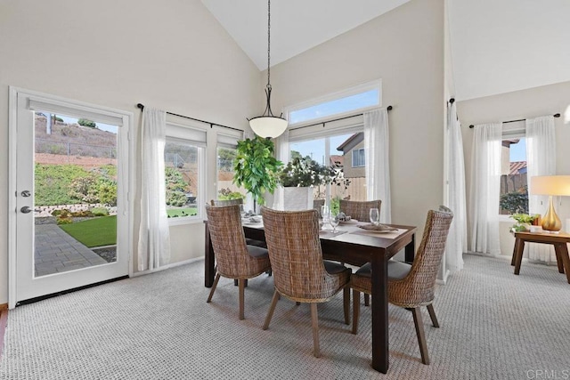 9481 Deanly St, Lakeside, CA 92040 - dining room featuring high vaulted ceiling, light carpet, and plenty of natural light